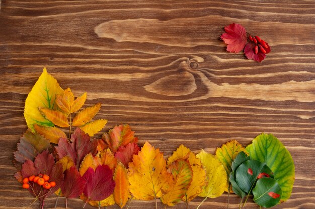 Jesienna kompozycja kolorowe jesienne liście na drewnianym tle płasko leżał widok z góry kopia przestrzeń