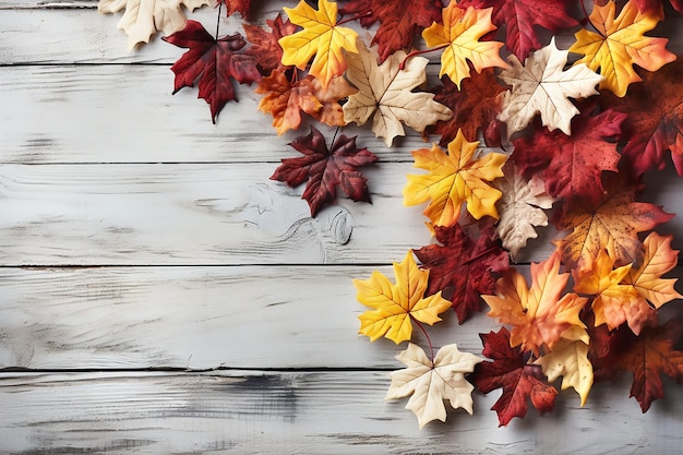 Zdjęcie jesienna kompozycja liści klonu na białym drewnianym tle generatywna ai