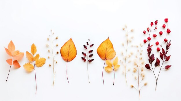 Jesienna kompozycja Suszone liście kwiaty jagody jarzębiny na białym tle widok z góry Generatywna AI