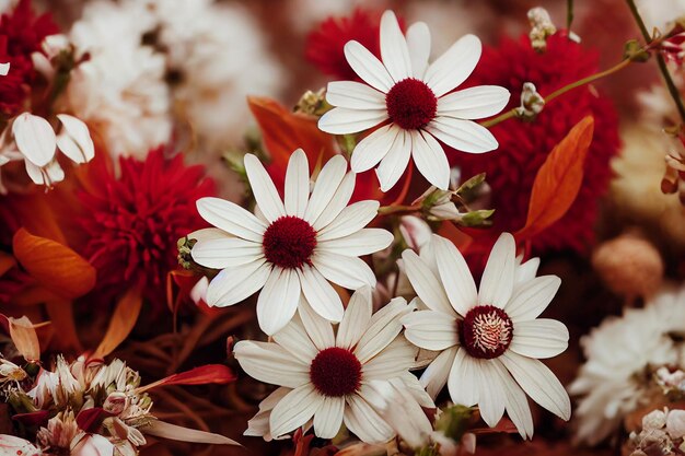 Jesienna kompozycja wykonana z pięknych kwiatów na jasnym tle. Dekoracja florystyczna. Naturalny kwiatowy