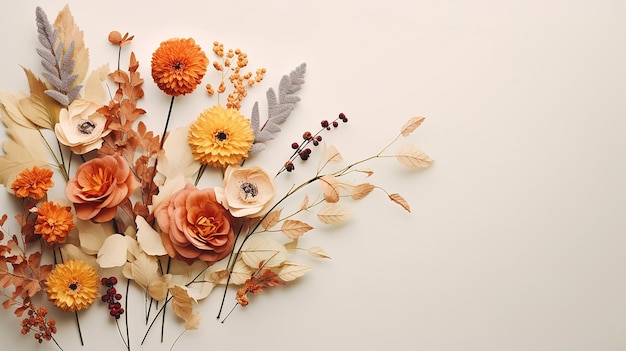 jesienna kompozycja wykonana z pięknych kwiatów na jasnym tle dekoracji florystycznej naturalnie kwiatowej
