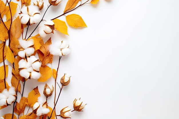 Jesienna kompozycja z bawełnianych kwiatów i suszonych liści na białym tle Koncepcja upadku Układ płaski