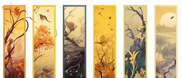 Jesienna koncepcja żółty zestaw zakładek w stylu chińskim z abstrakcyjnymi okładkami albumów liść pusty
