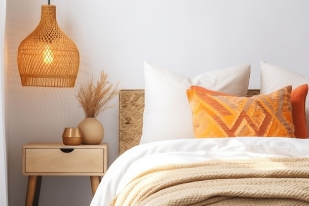 Jesienna lampa nowoczesna jesienna poduszka projekt wystrój wnętrza łóżka pomarańczowa strona główna Generative AI