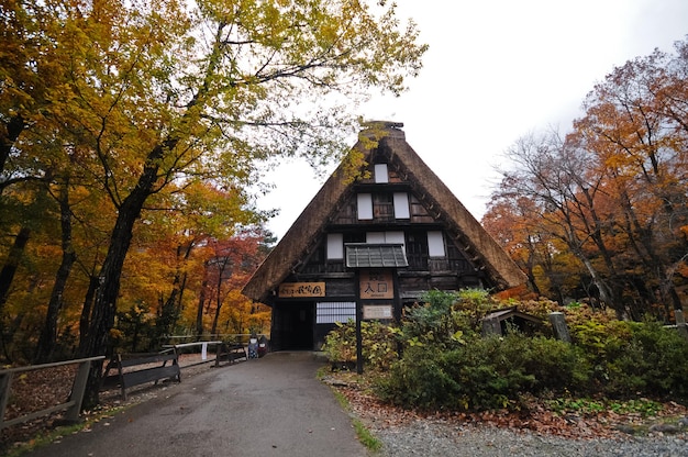 Zdjęcie jesienna magiczna scena trójkątnego starożytnego lokalnego domku w wiosce shirakawago w takayama w japonii
