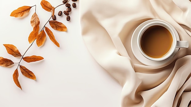 Jesienna martwa natura leżała płasko z filiżanką kawy i kratą na białym tle Jesienna dekoracja na Święto Dziękczynienia stworzona przy użyciu technologii Generative Al