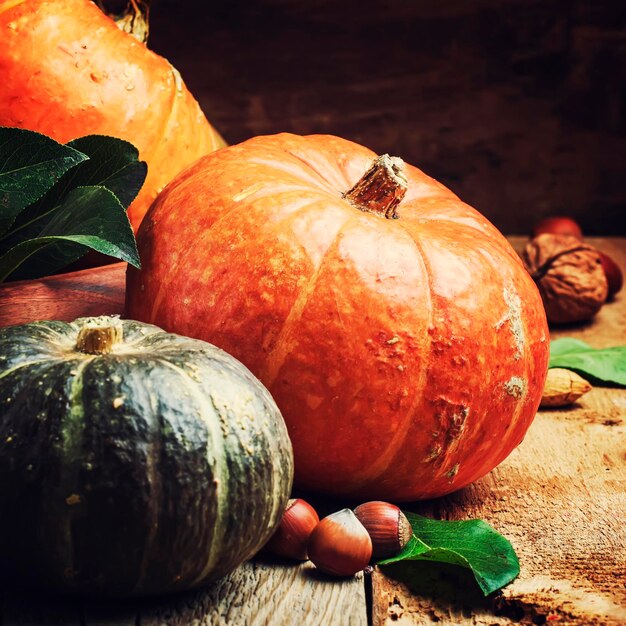 Jesienna martwa natura z dyniami, gruszkami i orzechami koncepcja święto dziękczynienia vintage wood background selektywne focus