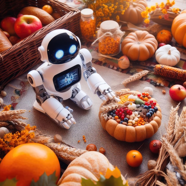jesienna martwa natura z dyniami i małym robotem pośrodku