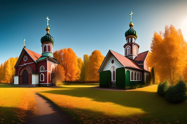 Jesienna panorama cerkiewnej rosyjskiej wsi