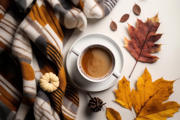 Jesienna przytulna kompozycja Filiżanka kawy w kratę na białym Ilustracja AI Generative