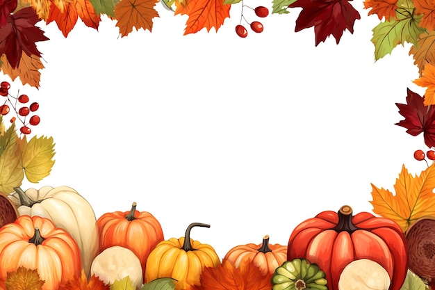 Jesienna rama zbiorów z motywami Święta Dziękczynienia, dyniami, opadającymi liśćmi i owocami generatywnymi ai