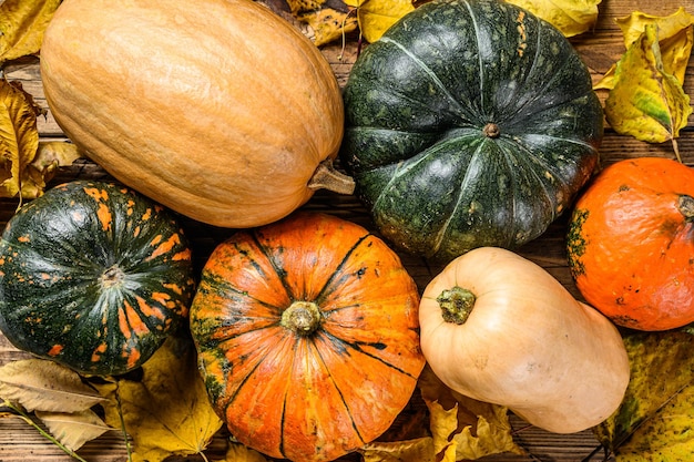 Jesienna ramka z dyni w Halloween kolory pomarańczowy. Drewniane tło. Widok z góry