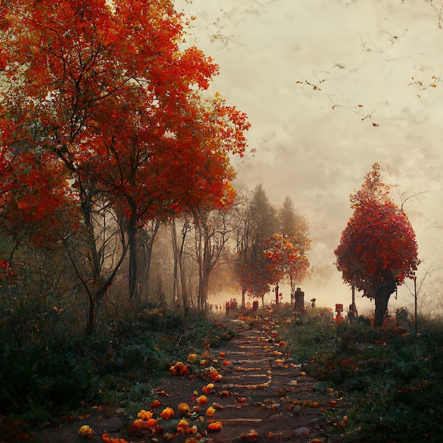 jesienna scena, pomarańczowe liście na drzewach