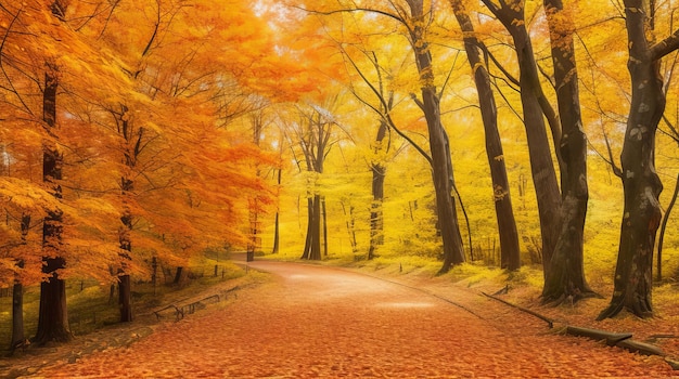 Jesienna scena przedstawiająca leśną ścieżkę pokrytą kolorowymi liśćmi