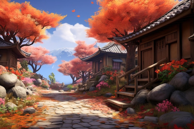 jesienna scena z drzewami i skałami w tle