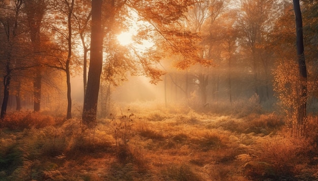 Jesienna tajemnica rozgrywa się w spokojnym lesie oświetlonym światłem słonecznym generowanym przez sztuczną inteligencję