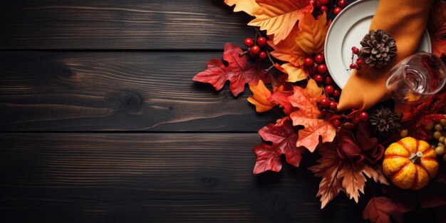 Jesienna usługa na drewnianym stole z widokiem z góry Halloweenowe jesienne liście i dynie Generacyjna AI