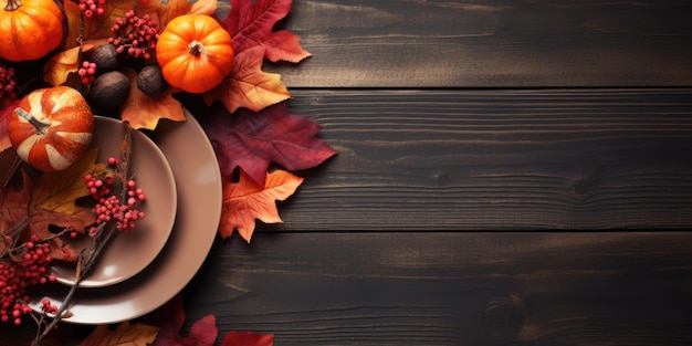 Jesienna usługa na drewnianym stole z widokiem z góry Halloweenowe jesienne liście i dynie Generacyjna AI