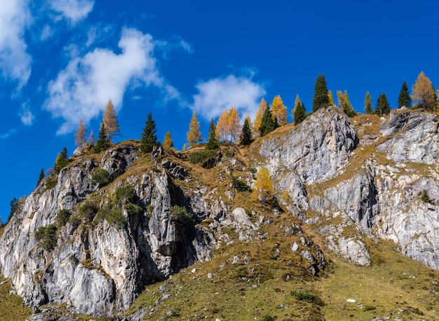 Jesienne Alpy skaliste szczyty gór widok ze ścieżki wędrówki Kleinarl Land Salzburg Austria