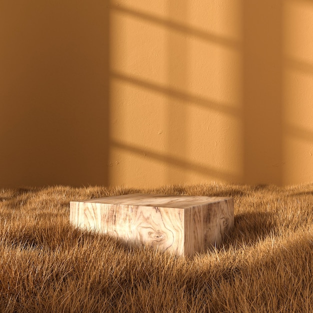 Jesienne drewniane podium wśród suchej trawy, tło prezentacji produktów - renderowanie 3D