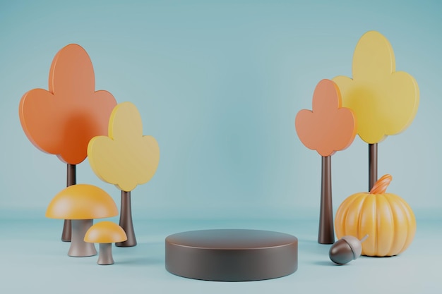 Jesienne drzewa z dyniowymi żołędziami i grzybami Happy Thahksgiving podium 3d render