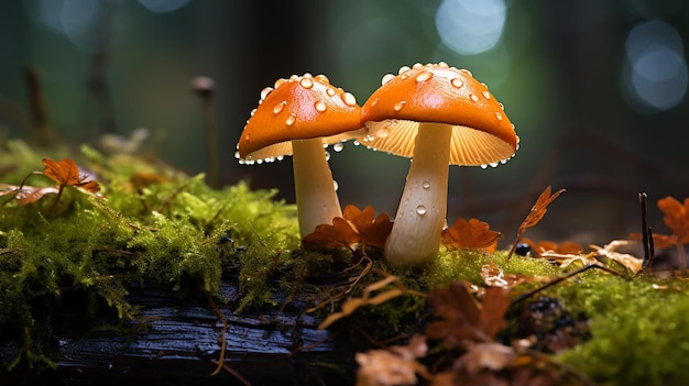 Jesienne grzyby leśne z makro kroplami deszczu