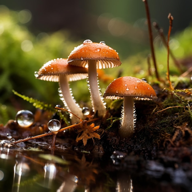 Jesienne grzyby leśne z makro kroplami deszczu
