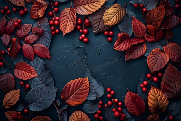 Zdjęcie jesienne liście i jagody leżą na ciemnej powierzchni dekoracyjnej luksusowe xa jesienne tło dla kart powitania kalendarze banery wolne miejsce dla tekstu