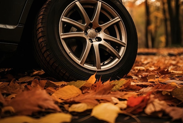 jesienne liście i liście leżące na ziemi w pobliżu opony samochodowej w stylu karoserii