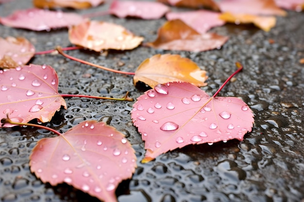 Jesienne liście na drodze z kroplami deszczu
