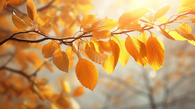 Jesienne liście na gałęzi drzewa z promieniami słońca w tle