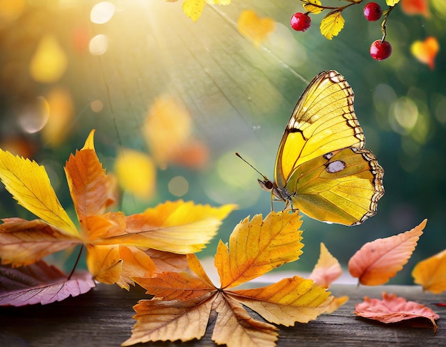 jesienne liście na jesiennym tle z żółtym motylem
