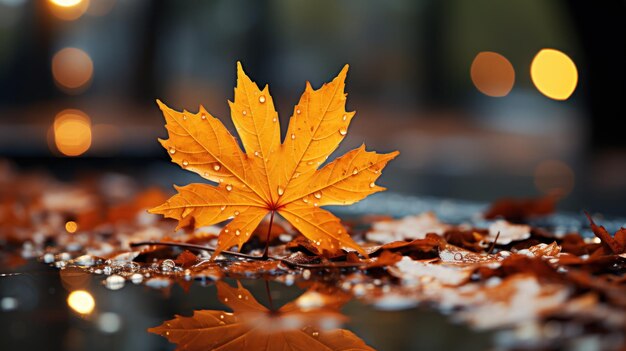 Jesienne liście w centrum uwagi Krople deszczu rozmyte tło