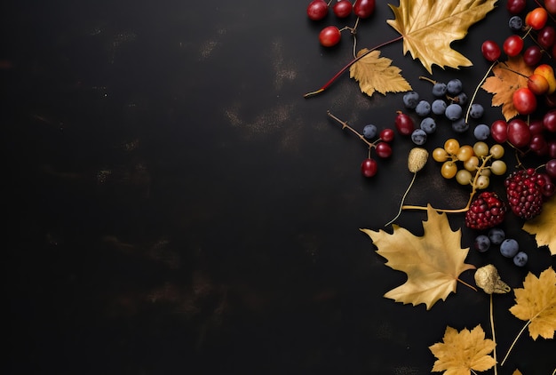 jesienne liście, winogrona i przyprawy ułożone na czarno w stylu minimalistycznego tła