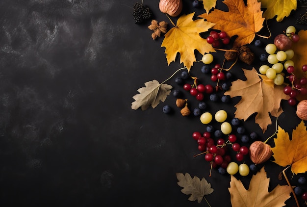 jesienne liście, winogrona i przyprawy ułożone na czarno w stylu minimalistycznego tła