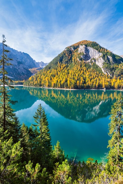 Jesienne spokojne alpejskie jezioro Braies lub Pragser Wildsee FanesSennesPrags park narodowy Południowy Tyrol Dolomity Alpy Włochy Europa Malownicze podróżowanie sezonowe i scena koncepcja piękna natury