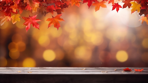 jesienne tło drewniany stół z czerwonymi liśćmi jesień
