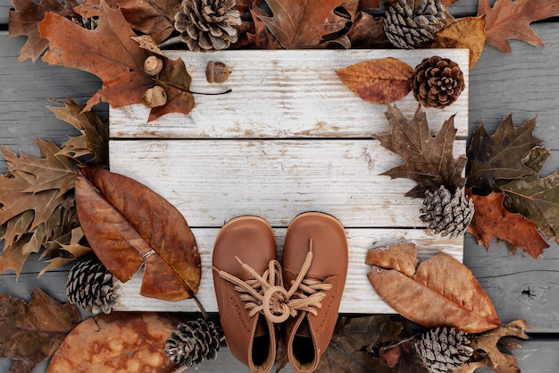 Jesienne tło z naturalnymi liśćmi, szyszkami i skórzanymi butami na wiekowym drewnie z miejsca na kopię, koncepcja wakacji sezonowych