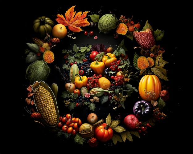 Jesienny baner owoców i jagód ilustracja hojności owoców ziemi martwa natura Wygenerowano za pomocą sztucznej inteligencji