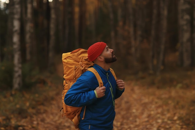 jesienny biwak w lesie, podróżnik płci męskiej idzie przez las, krajobraz żółtych liści w październiku.
