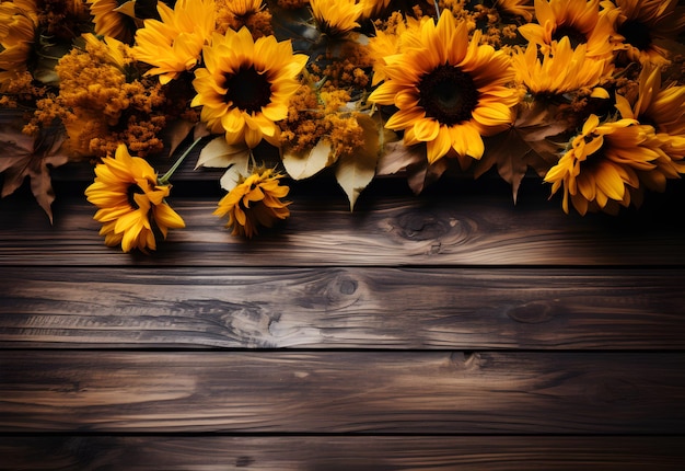 Jesienny bukiet słoneczników na drewnianym tle
