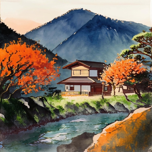 Jesienny dom krajobrazowy w lesie z górską rzeką wśród drzew pomarańczowych