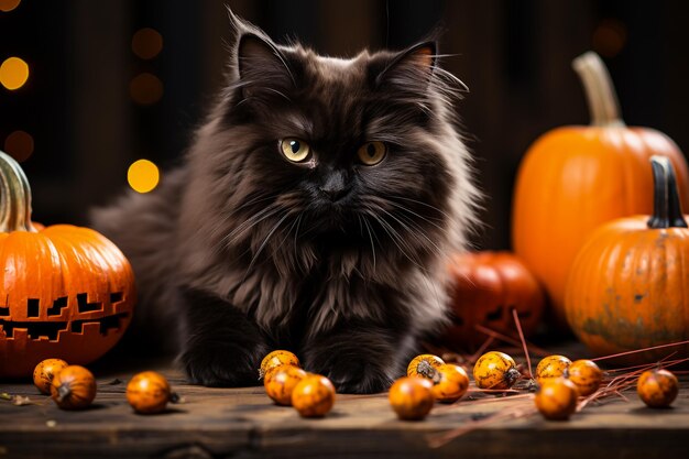 Jesienny kotek kot razem ubrany i ubrany w kostiumy jesiennej dyni dla Th