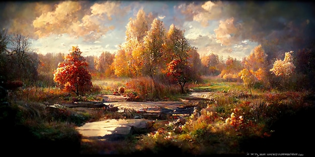 Jesienny krajobraz. Cyfrowa ilustracja. Obraz. Piękny jesienny krajobraz.