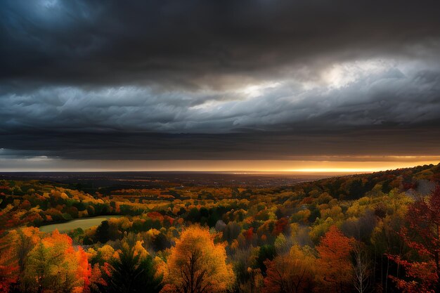 jesienny krajobraz dramatyczne oświetlenie niebieskie niebo i białe chmury profesjonalna fotografia