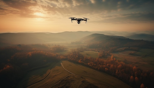 Jesienny krajobraz górski uchwycony przez latającą kamerę drona wygenerowaną przez sztuczną inteligencję