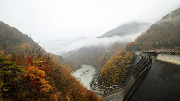 Jesienny krajobraz lasu z widokiem na górską mglistą dolinę i elektryczną tamę rzeki w japonii