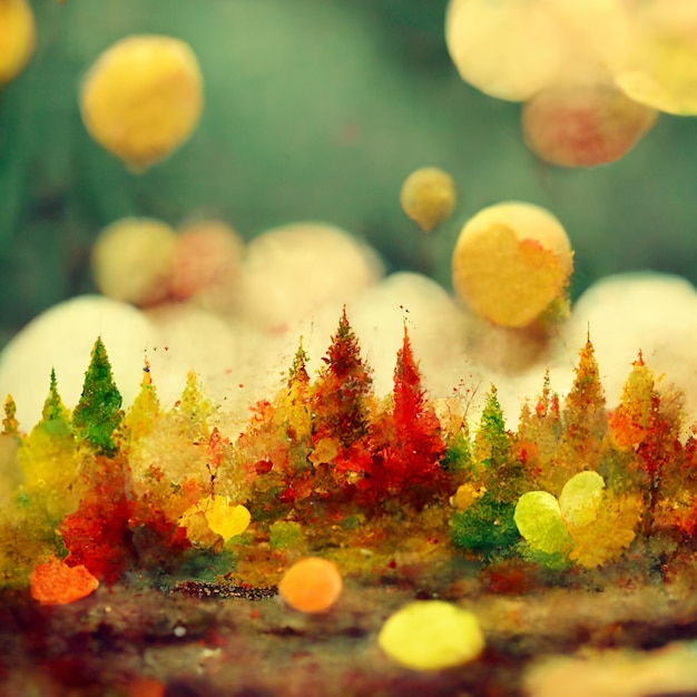 Jesienny krajobraz leśny Kolorowy obraz akwareli jesieni Czerwone zielone i żółte drzewa