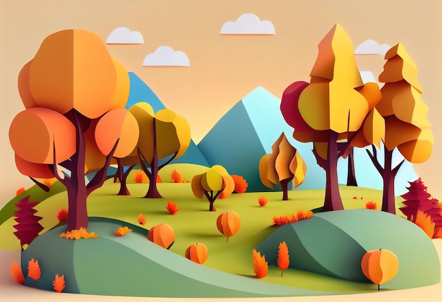 Jesienny krajobraz tła z drzewami 3D styl kreskówki Generative Ai