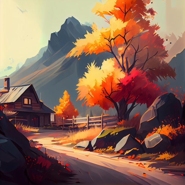 Jesienny krajobraz z drewnianym domem w górach ilustracji